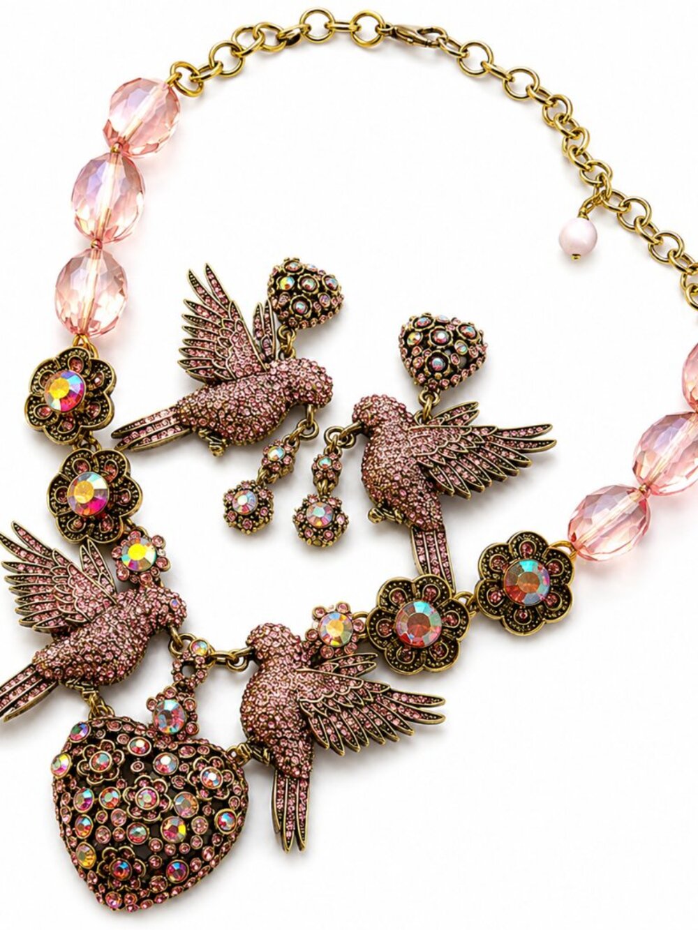 Vintage Bird & Heart Statement Jewelry Set – Necklace + Matching Earrings